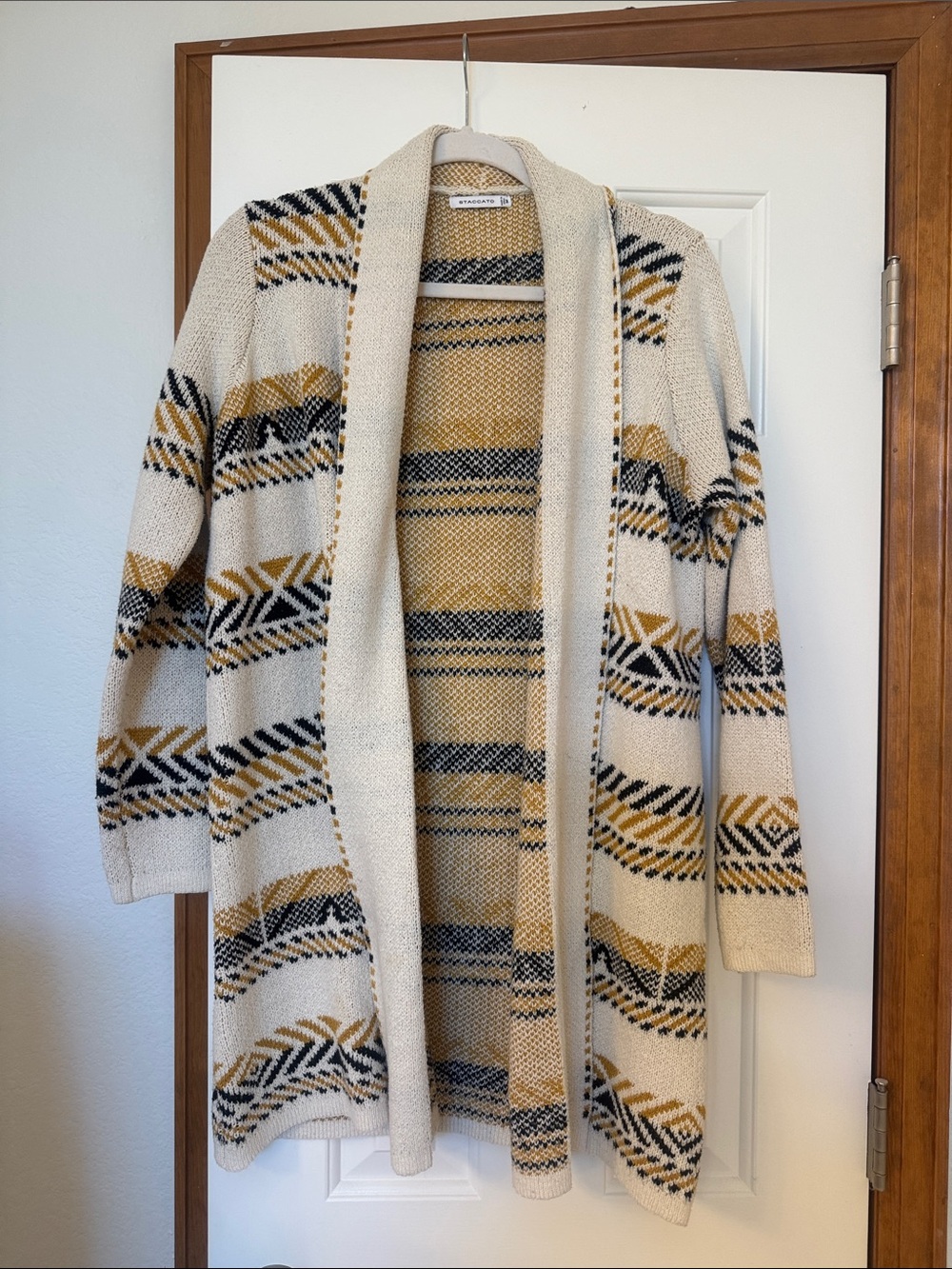 Staccato Ivory Open-Front Cardigan with Mustard & Black Stripes